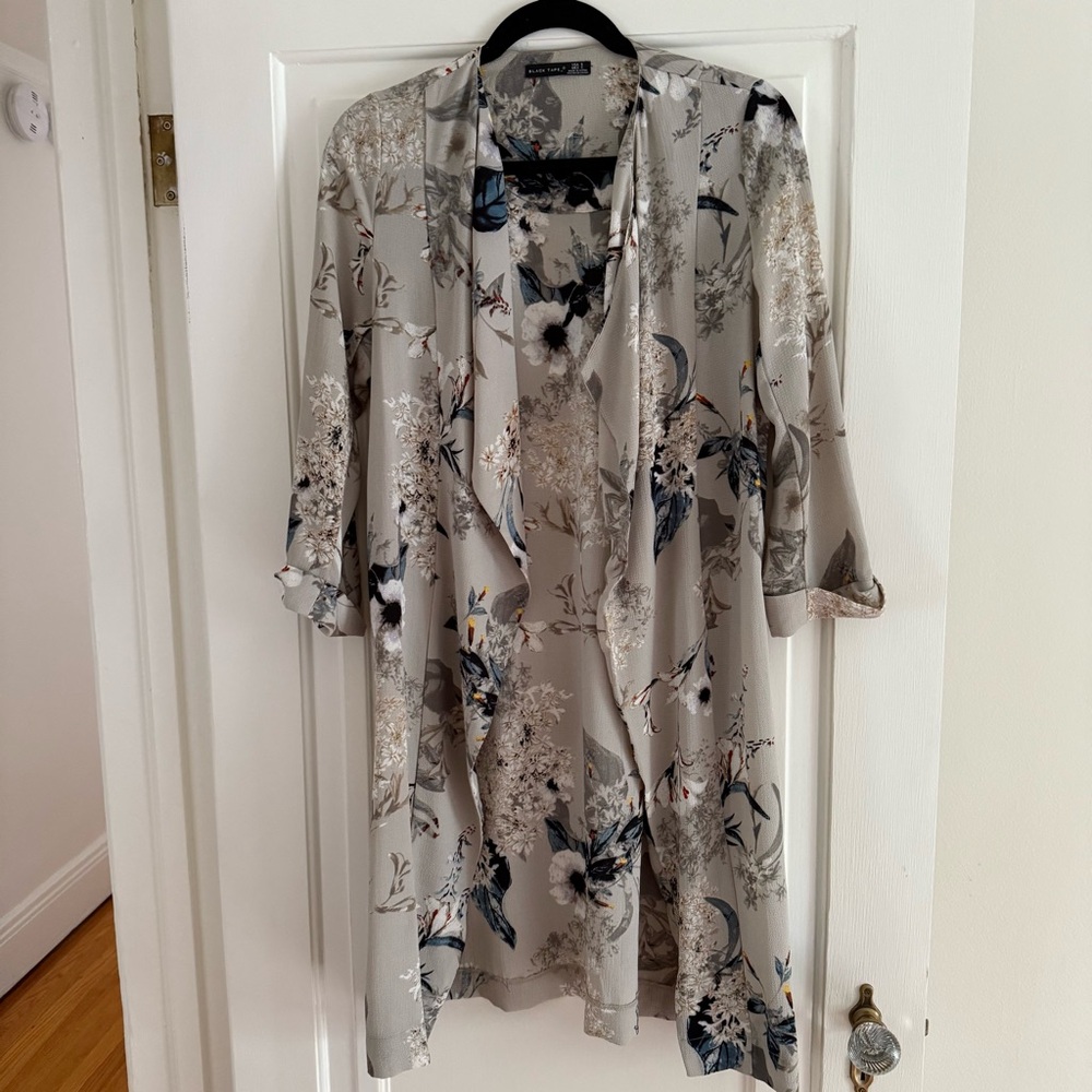 Floral Print Drape Front Blazer Jacket - Light Gray